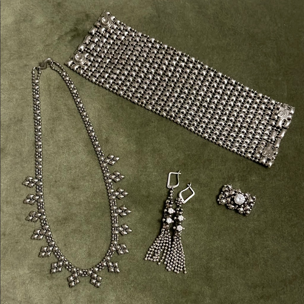 SilverTone Crystal Necklace And Earring Set With Statement Bracelet
